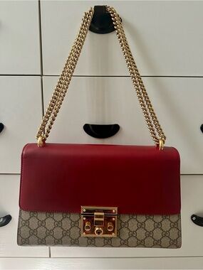 Gucci Red Leather & GG Canvas Chain Shoulder Bag with Gold Hardware